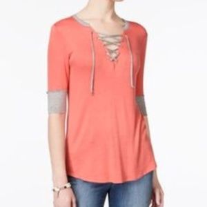 Rebellious One XS Top Lace Up Coral 3/4 Sleeve Y44